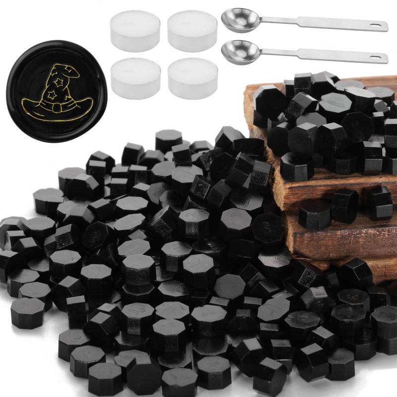 Yoption Black Sealing Wax Beads, Yoption 300 Pcs Octagon Wax Seal Beads Kit with 2 Melting Spoon and 4 Candles for Wedding Invitation Envelopes Gift Wrapping (Black) - Image 1
